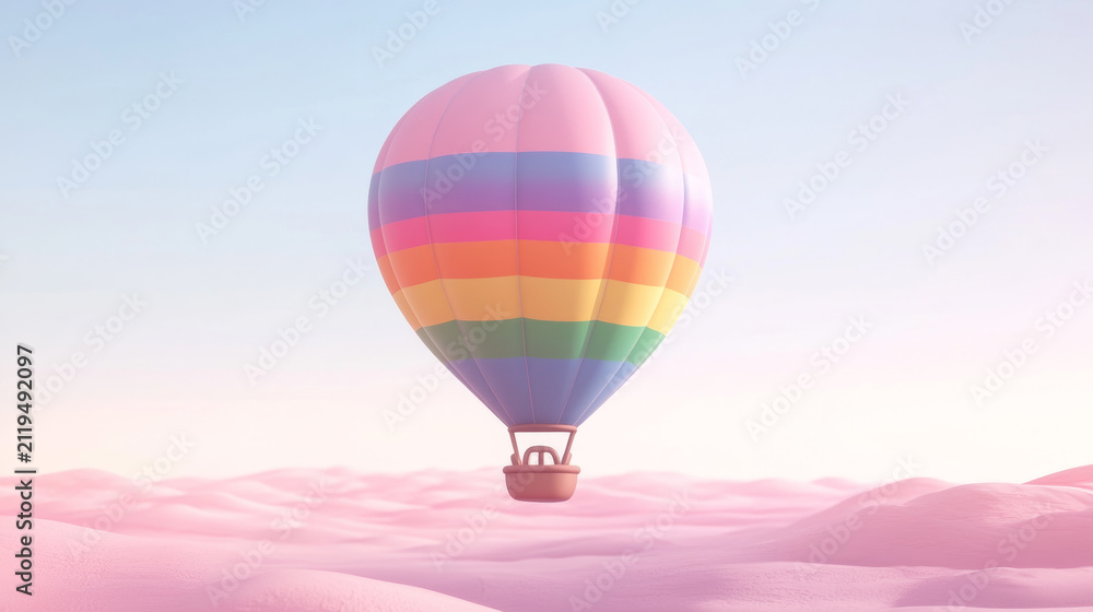 Fototapeta premium Rainbow-Striped Hot Air Balloon Floating Above Soft Pink Clouds Dreamy Journey and Hopeful Exploration Concept