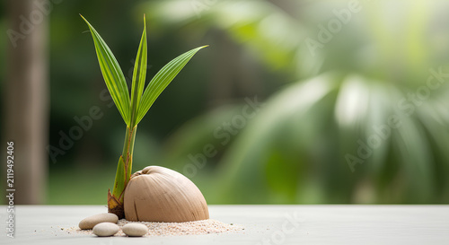 Young coconut sprout growing on sand with blurred tropical background
