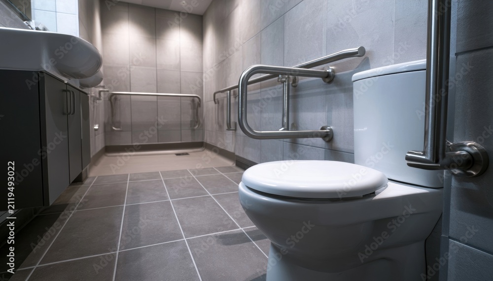 Fototapeta premium Accessible bathroom with white toilet and stainless steel grab bars