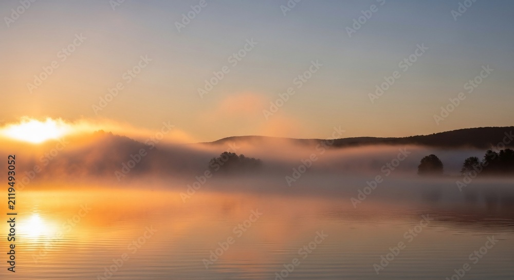 Fototapeta premium Sunrise over lake with fog