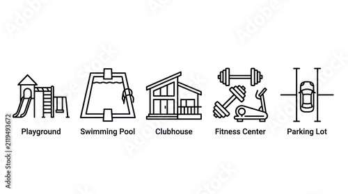 Residential community amenities and facility line icons.