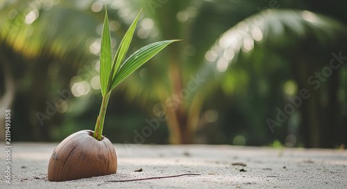 Young coconut palm sapling growing from nut on tropical sand