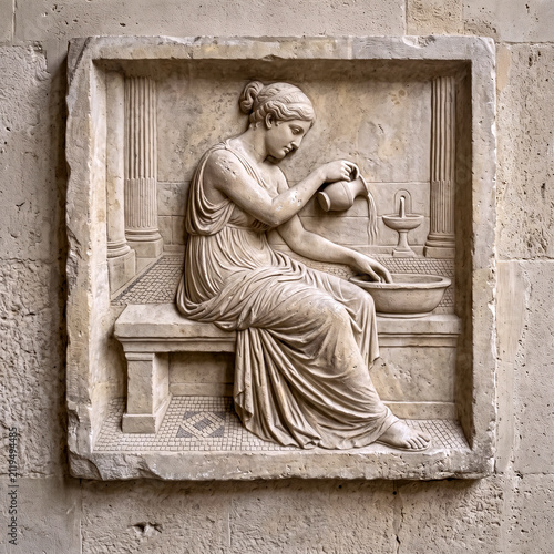 antique style refined stone bas-relief sculpture in marble of woman washing from bowl with border on stone wall