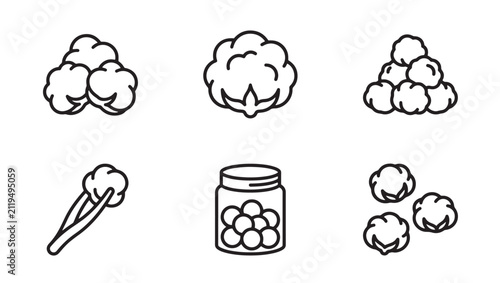 Set of black and white line art icons depicting various cotton plant bolls and raw natural cotton fibers with agriculture illustration collection botanical material cottonseed isolated industry