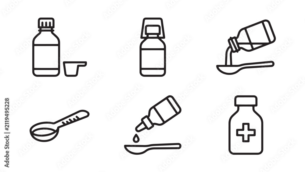 Fototapeta premium Medical syrup bottle and measuring spoon collection for pharmaceutical dosing icons with medicine measurement pharmacy treatment healthcare clinical pharmacist prescription pharmaceutical