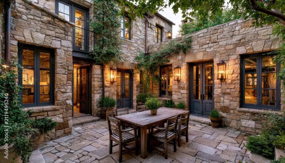 Fototapeta premium Rustic stone house courtyard with wooden dining table set