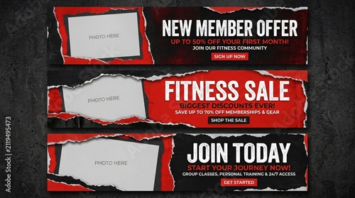 Fitness sale web banners with torn paper edges. Red and black gym promotional headers. Grungy athletic marketing templates for new member offers.