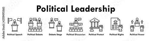 Political Leadership banner web icon illustration concept with icon of political speech, debate, debate stage, discussion, protest, rights, and power