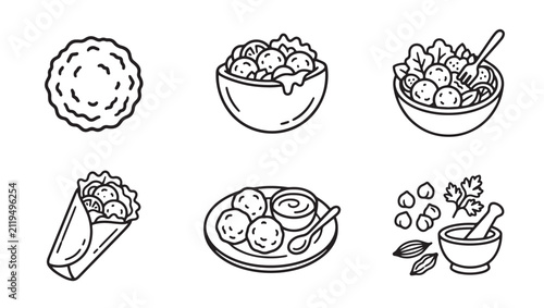 Traditional falafel food meal icons featuring chickpeas and pita wraps chickpea vegetarian traditional ingredients background isolated collection pictogram illustration delicious nutrition
