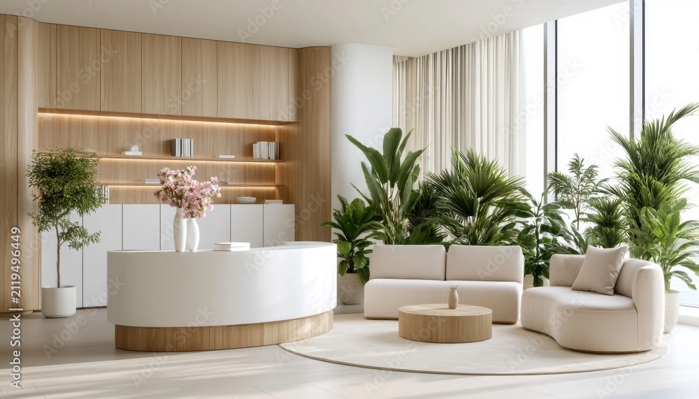 Fototapeta premium Bright reception and lounge area with white curved desk and beige sofa seating