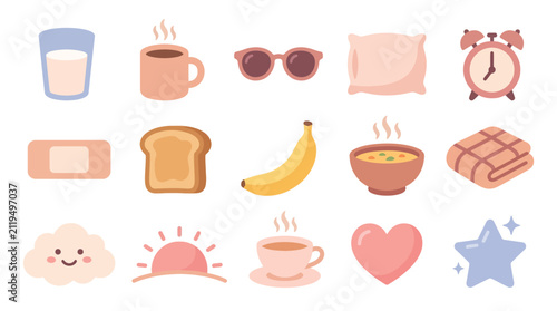A collection of cute, pastel-colored illustrations depicting various objects associated with a cozy morning routine and self-care.