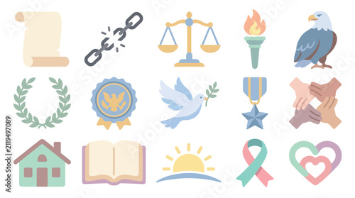 Foto Collection of diverse icons representing freedom, justice, peace, unity, and community support