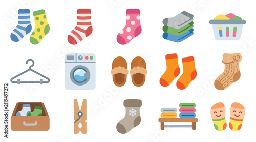 A collection of colorful socks, slippers, laundry basket, clothes hanger, washing machine, clothespin, and folded towels, representing laundry and cozy home items.