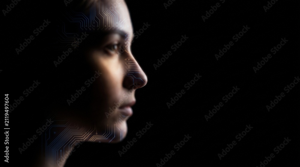 Fototapeta premium Artificial Intelligence Concept Woman Profile with Digital Circuit Board Pattern Overlay on Black Background