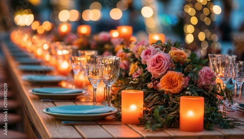 Long dining table set with lit candles, floral centerpieces, and teal plates for an outdoor evening celebration