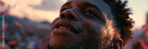 Low angle close up of a young black man looking upward at sunset with determination