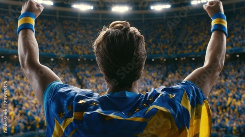 Male sports fan with raised arms cheering in crowded stadium