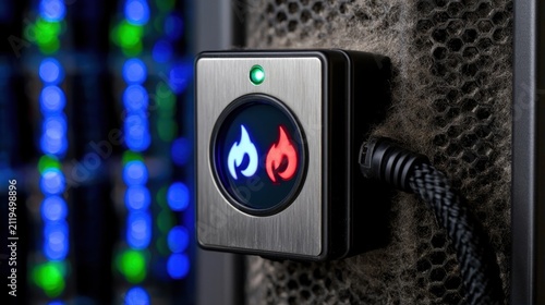 Metal button with red and blue flame icons glowing green indicator light