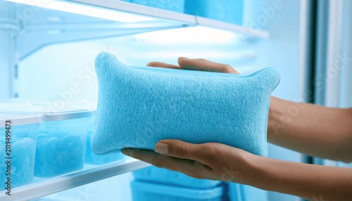 Person holding a light blue plush pillow inside an open refrigerator