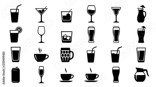 Set of drink icons and beverage silhouettes in line art style. Minimalist vector illustrations of glasses, cups, and containers for commercial desi...