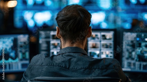 Rear view of a man sitting at a desk monitoring multiple computer screens in a dark room