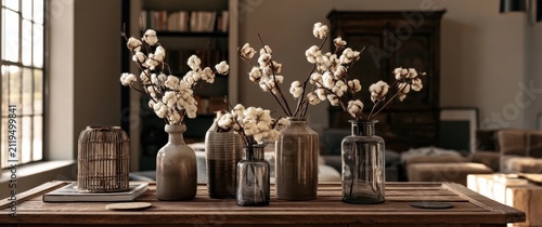 Rustic wooden table with ceramic vases and cotton branches in a cozy living room
