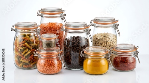 Group of clear glass storage jars filled with various colorful dry food ingredients and kitchen spices. hermetic seal containers