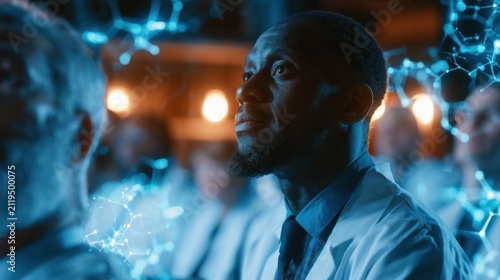 Scientists observing holographic data visualization in laboratory