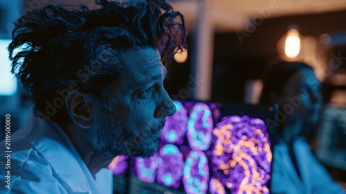 Scientists analyzing illuminated brain scans in dark laboratory