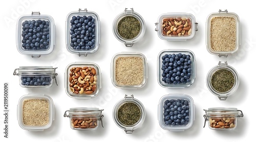 Top view of glass containers filled with healthy blueberries nuts and green herbs for meal prep storage. hermetic seal containers