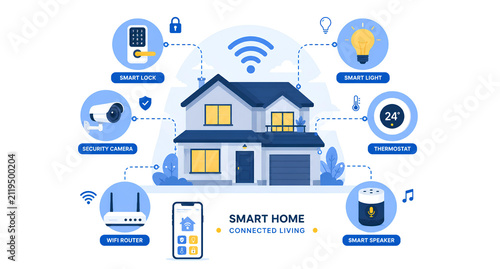 Smart Home IoT Ecosystem with Connected Devices, House and App Control Flat Vector Illustration