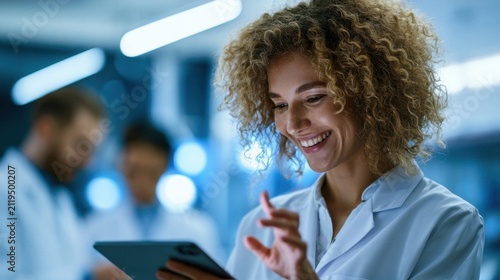 Smiling female researcher in lab coat using tablet device