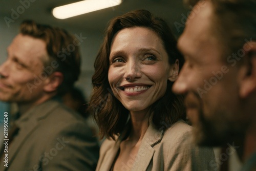 Smiling woman engaged in conversation with colleagues in a office environment