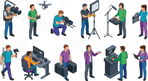 Media Production and Broadcasting Professionals Collection with Video Audio and Creative Technology Vector Illustration Set