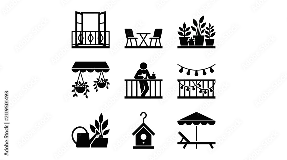 Obraz premium Black icons of outdoor furniture and decor.