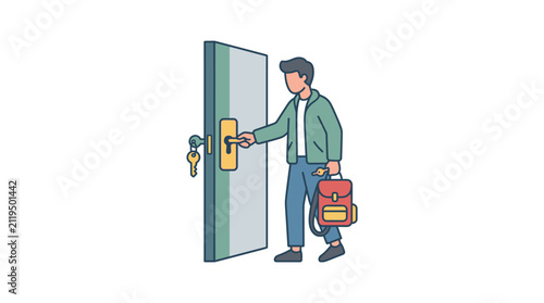 Quadro su tela Man opening door with key, carrying backpack