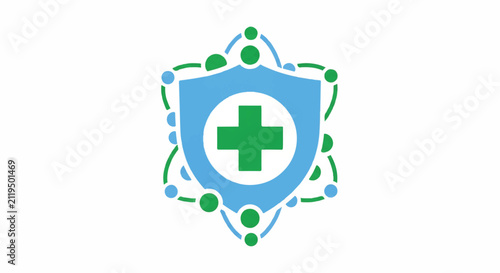 A solid shield icon with a central medical cross surrounded by a circular orbit of protective dots, light blue and emerald green colors, clinical and trustworthy mood, minimalist flat vector