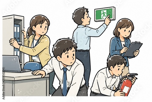 オフィスで地震などの緊急事態に対応し防災訓練を行うビジネスパーソンたち