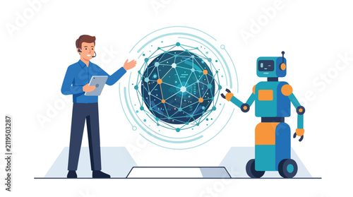 This illustration depicts a man and a robot interacting with a glowing digital globe, highlighting the fusion of human skill and AI technology.