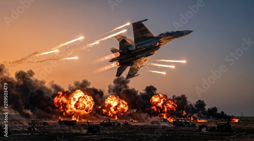 Military fighter jet flying over battlefield explosions at sunset