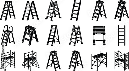 Ladder and Construction Scaffolding Icon Set with Extension Steps Stepladders Platform Stools and Industrial Work Equipment Symbols for Repair and Home Maintenance Layouts