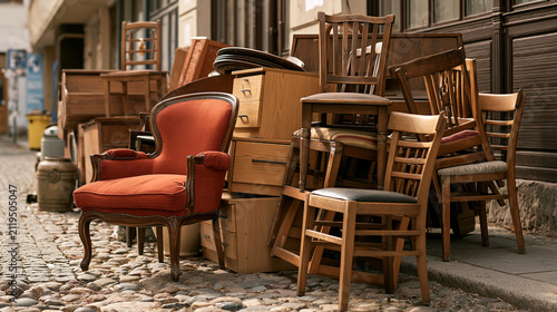 A pile of discarded old furniture and vintage chairs on a cobblestone street. Perfect for recycling and waste management concepts.