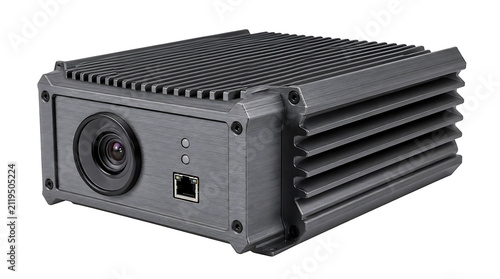 Industrial surveillance camera with heat dissipation fins.