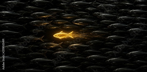 A single glowing golden fish swimming opposite to a school of dark fish, elevating Opposite Day into a powerful metaphor for market disruption.