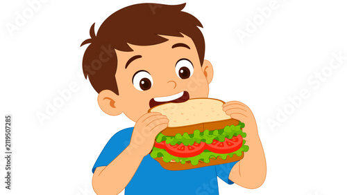 Happy boy eating vegetarian sandwich with fresh lettuce and tomatoes, flat vector illustration representing healthy kids nutrition and school lunch
