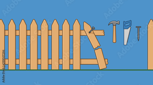 Wooden fence repair concept with tools showing a broken fence picket gap, vector flat illustration on blue background.