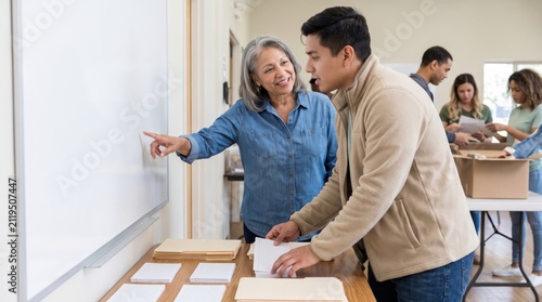 leadership development nonprofits volunteer concept. Woman instructing man in classroom while others work in background