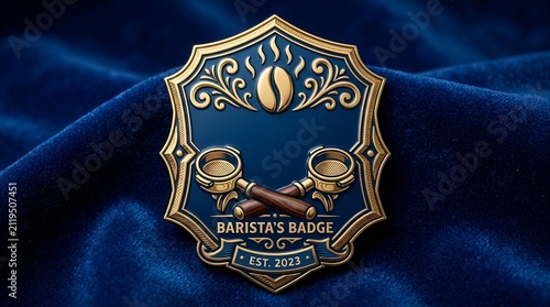 Close-up of a detailed badge with a crown and sword emblem. Symbol of authority and achievement in a professional setting.
