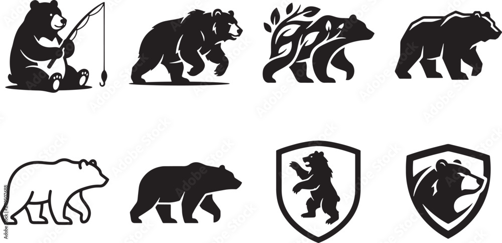 Fototapeta premium Black bear walking and sitting vector illustrations set