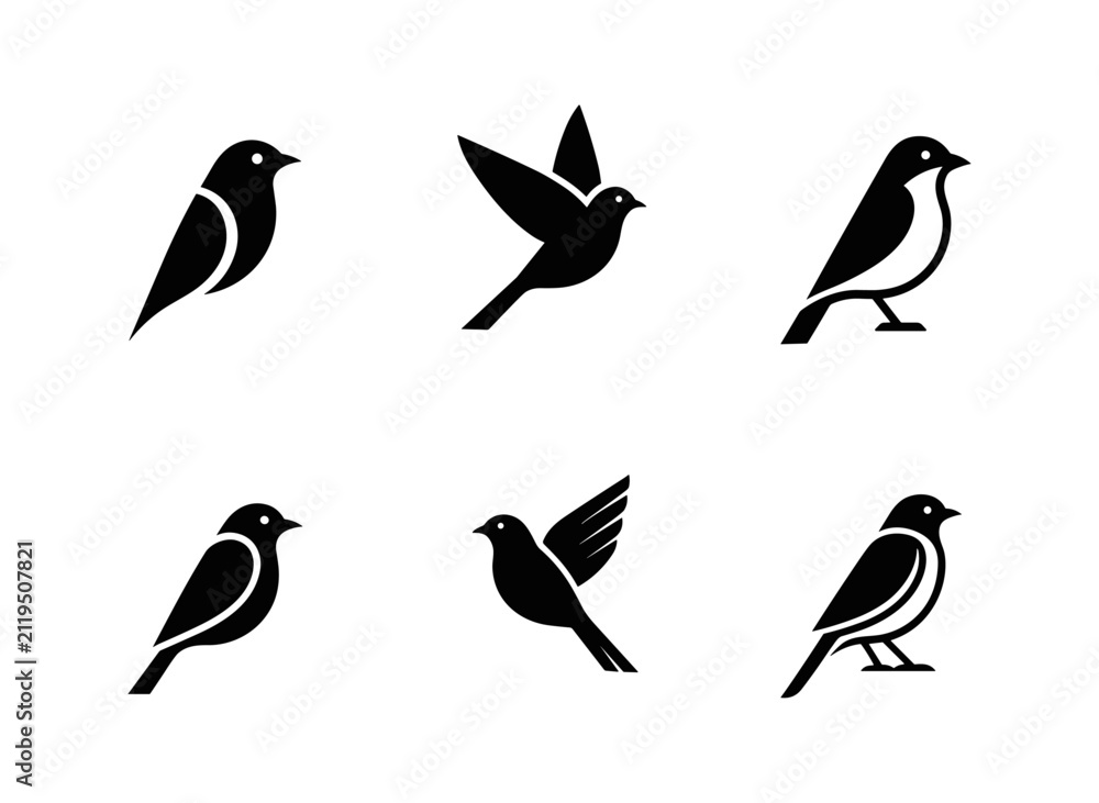 Fototapeta premium Minimalist black bird silhouette icons in flight and perched.